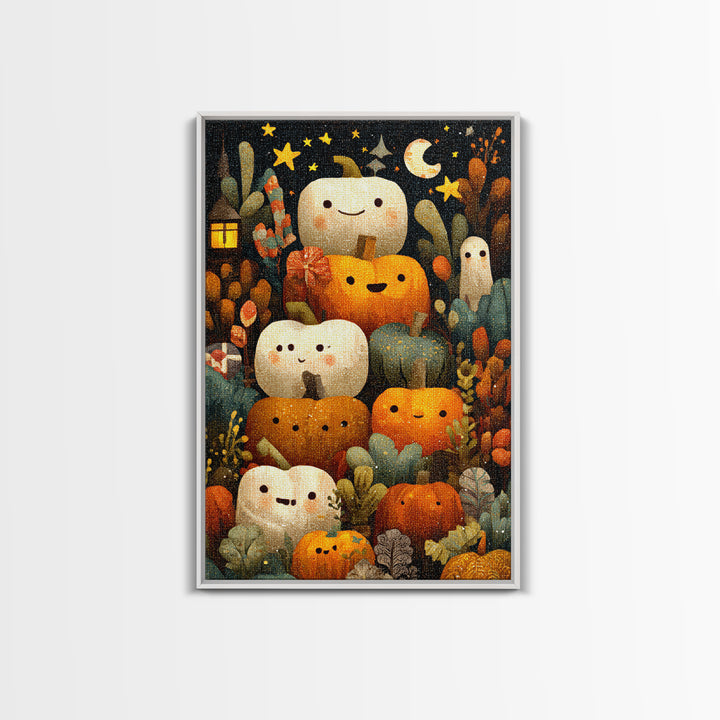 The Pumpkin Painting Party, Pixel Halloween Art, Vertical Wall Art, Canvas Print, Cute Halloween Wall Art