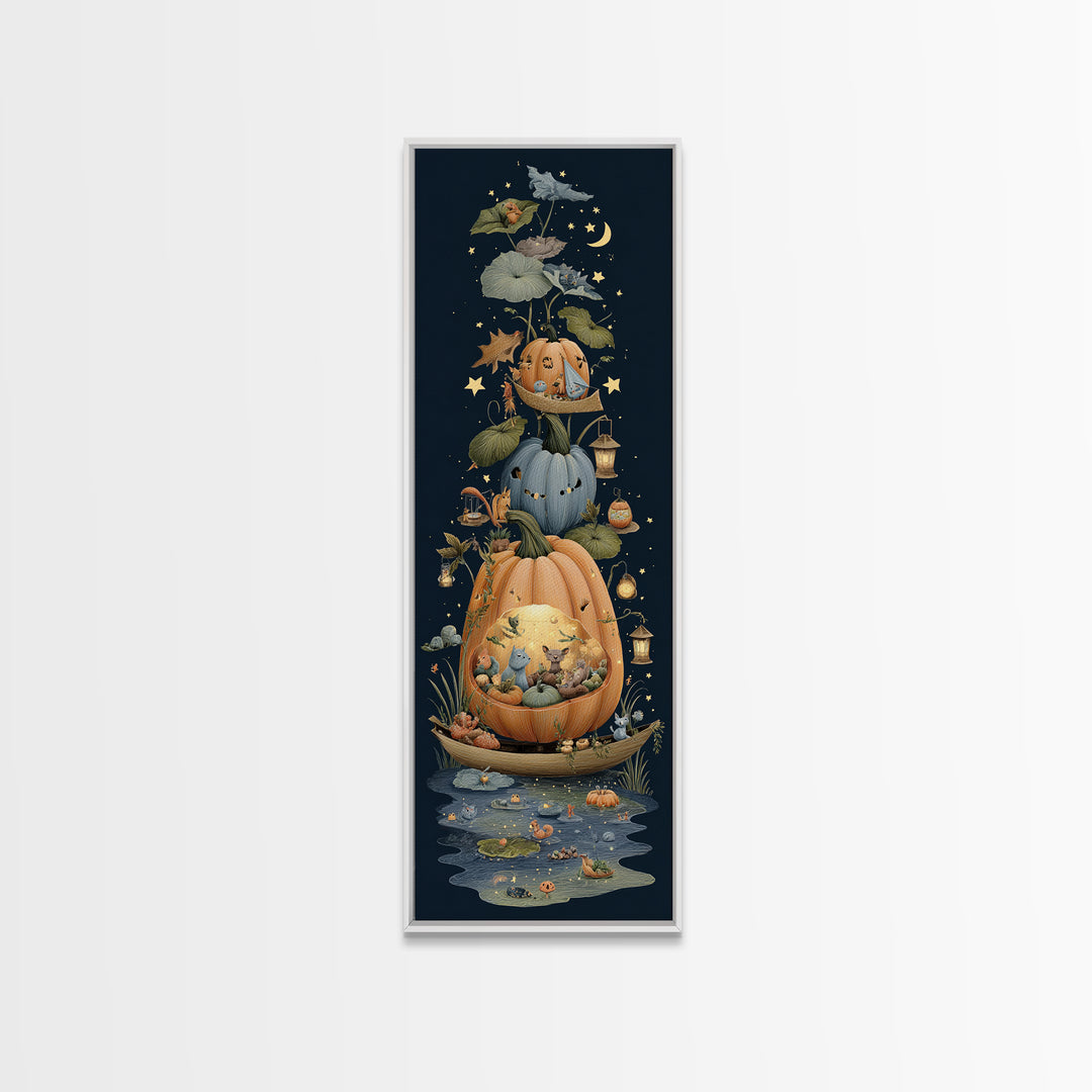 The Pumpkin Sailboat, Crayon Halloween Art, Tall Narrow Wall Art, Framed Canvas Print, Cute Halloween Wall Art