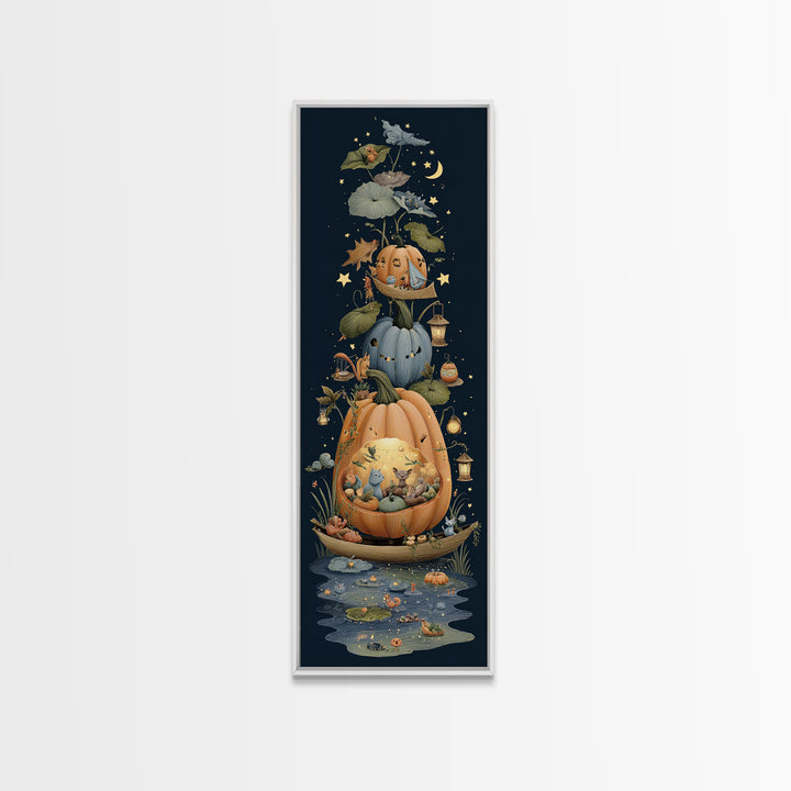 The Pumpkin Sailboat, Crayon Halloween Art, Tall Narrow Wall Art, Framed Canvas Print, Cute Halloween Wall Art
