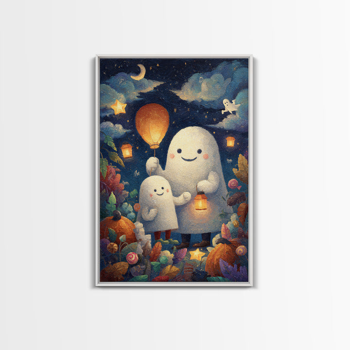 The Ghost Balloon Friend, Pastel Halloween Art, Vertical Wall Art, Canvas Print, Cute Halloween Wall Art