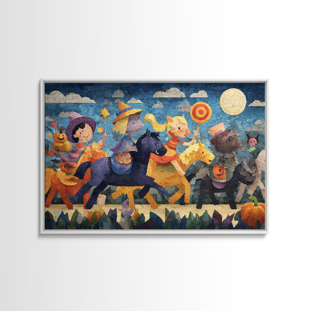 The Halloween Pet Parade, Paper Collage Halloween, Landscape Wall Art, Framed Canvas Print, Cute Halloween Wall Art