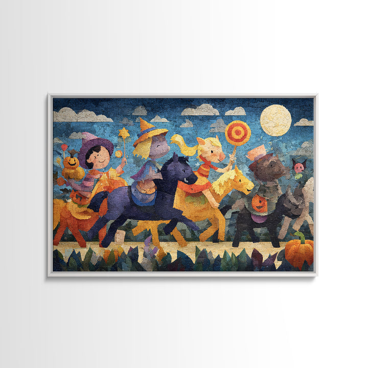 The Halloween Pet Parade, Paper Collage Halloween, Landscape Wall Art, Framed Canvas Print, Cute Halloween Wall Art