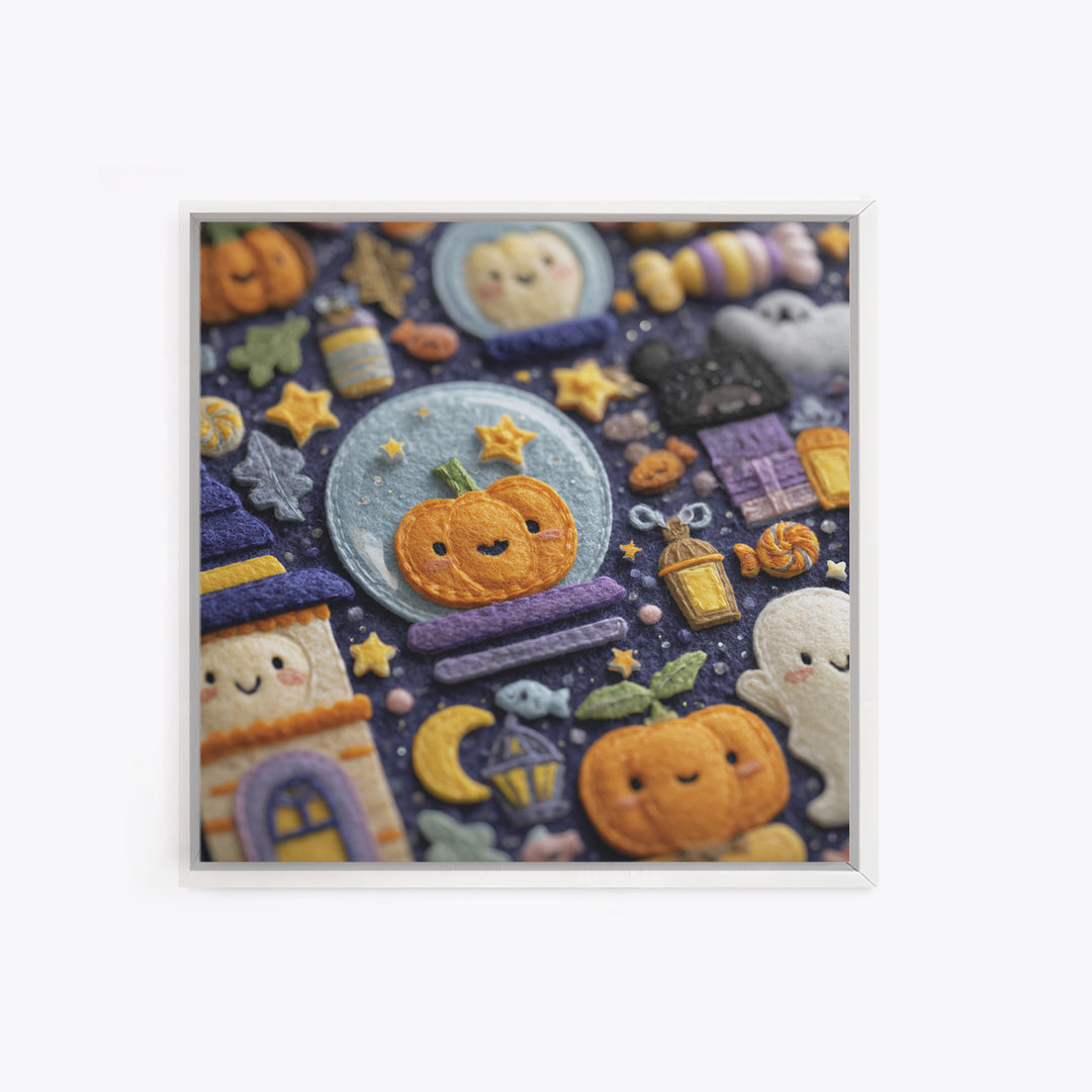 The Halloween Bubble Village, Felt Halloween Art, Square Wall Art, Canvas Print, Cute Halloween Wall Art