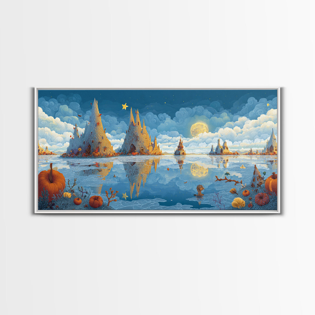 The Frost Beyond Carcosa, Clay Halloween Art, Wide Panoramic Art, Framed Canvas Print, Cute Halloween Wall Art