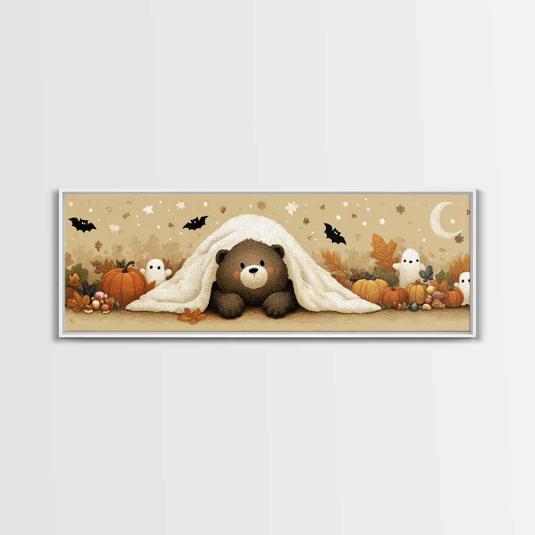 The Bear Cub Ghost, Plush Halloween Art, Extra Wide Wall Art, Canvas Print, Cute Halloween Wall Art, Cozy Autumn Kids Decor