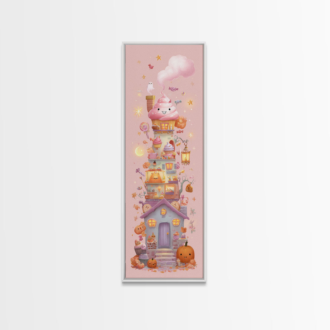 The Witch'S Cupcake Cottage, Kawaii Halloween Art, Tall Narrow Wall Art, Framed Canvas Print, Cute Halloween Wall Art