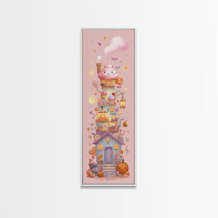 The Witch'S Cupcake Cottage, Kawaii Halloween Art, Tall Narrow Wall Art, Framed Canvas Print, Cute Halloween Wall Art