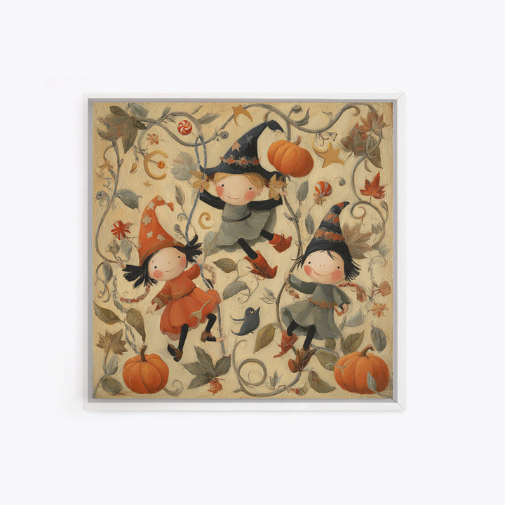The Pumpkin Vine Swing, Folk Halloween Art, Square Wall Art, Canvas Print, Cute Halloween Wall Art, Halloween Kids Decor