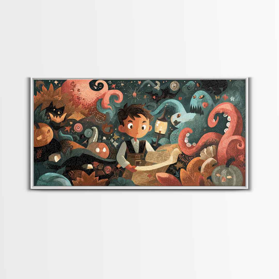 The Mapmaker Of Impossible Shores, Linocut Halloween Art, Wide Panoramic Art, Framed Canvas Print, Cute Halloween Wall Art