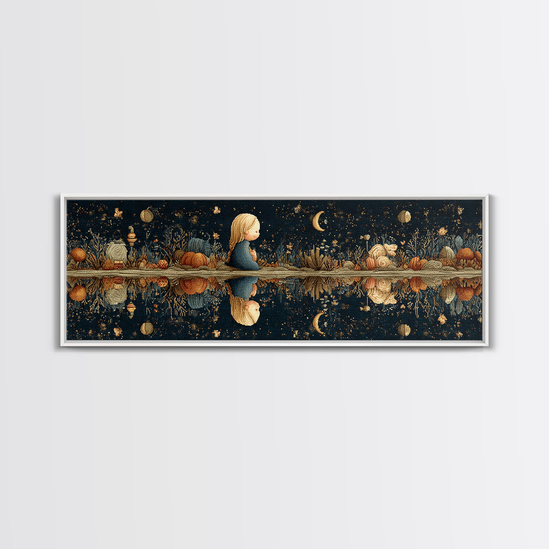 The Mirror Lake Of Lost Constellations, Embroidered Halloween Art, Extra Wide Wall Art, Canvas Print, Cute Halloween Wall Art