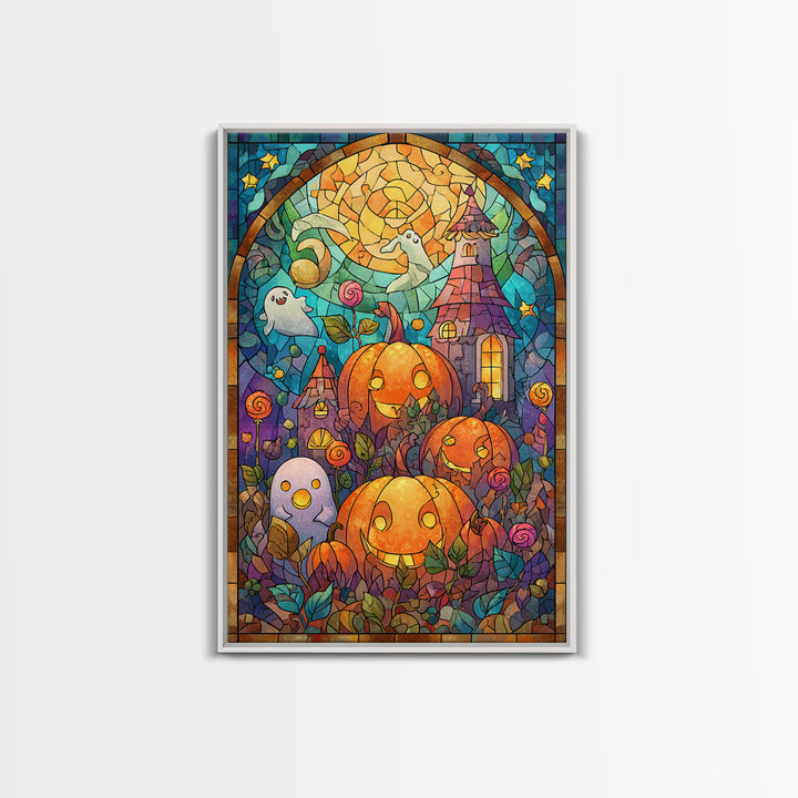 The Starry Pumpkin Farm, Stained Glass Halloween, Vertical Wall Art, Canvas Print, Cute Halloween Wall Art