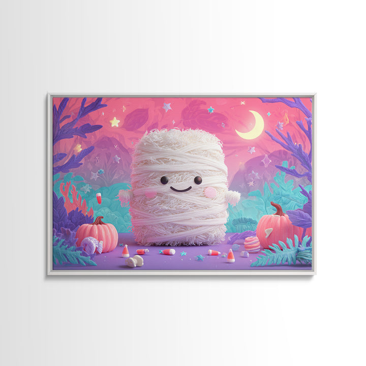 The Popcorn Mummy, Vaporwave Halloween Art, Landscape Wall Art, Framed Canvas Print, Cute Halloween Wall Art