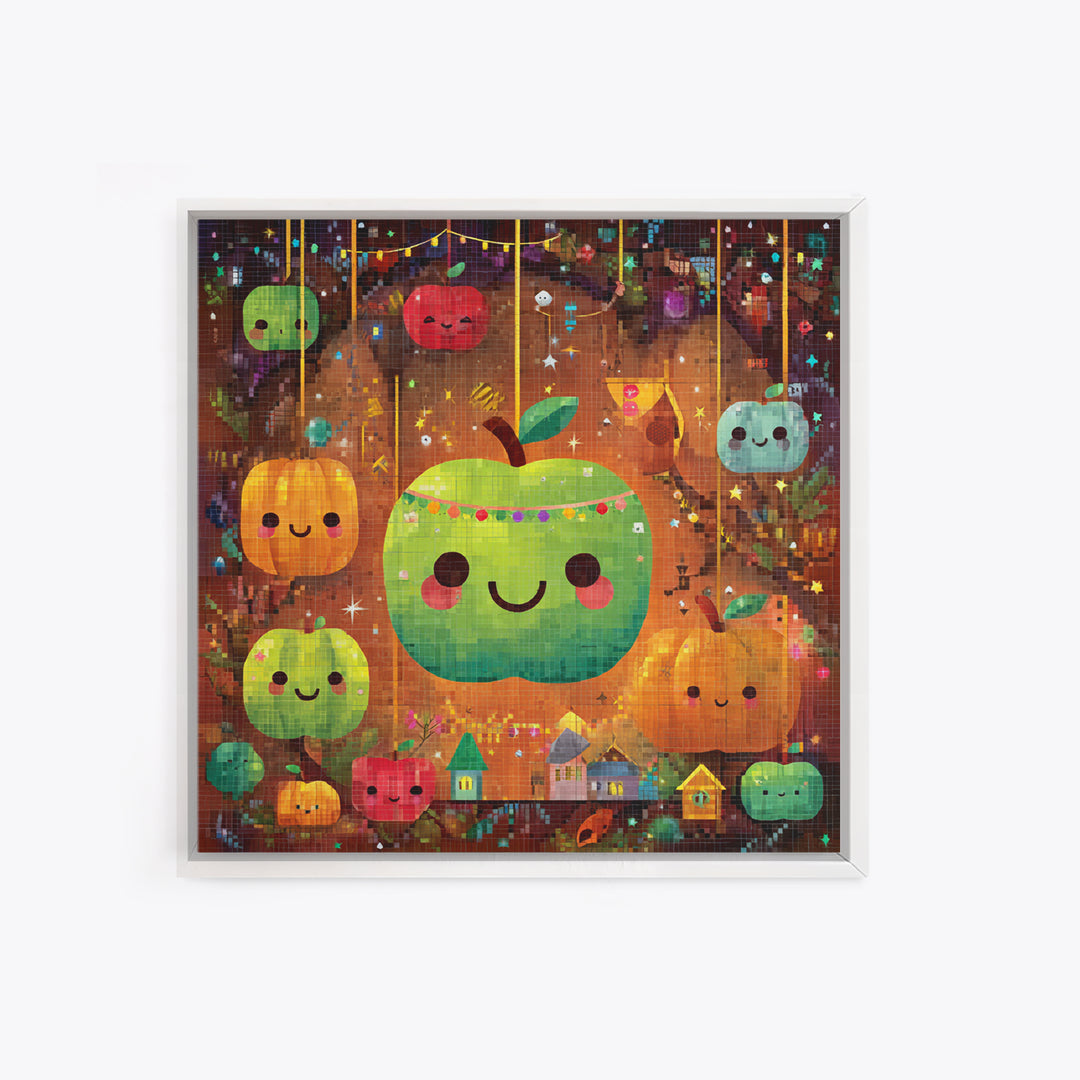 The Candy Apple Dance, Pixel Halloween Art, Square Wall Art, Canvas Print, Cute Halloween Wall Art, Halloween Kids Decor