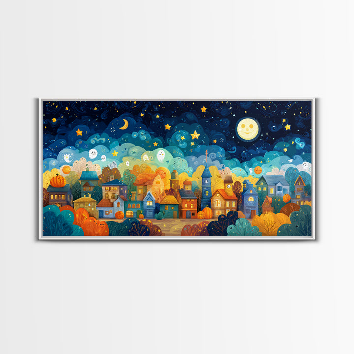 The Rainbow Halloween Night, Vector Halloween Art, Wide Panoramic Art, Framed Canvas Print, Cute Halloween Wall Art