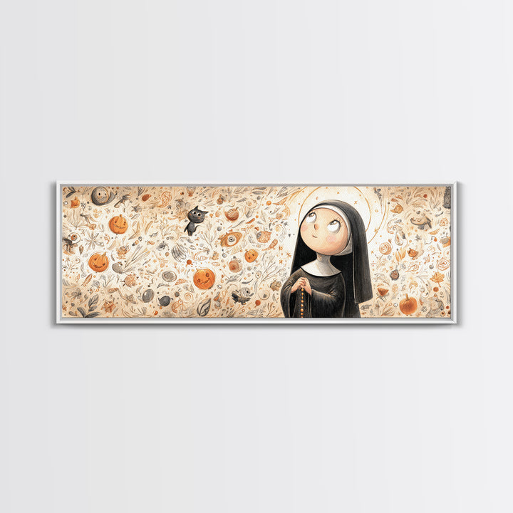 The Nun Of The Endless Constellation, Hand Sketch Halloween Art, Extra Wide Wall Art, Canvas Print, Cute Halloween Wall Art, Storybook Decor