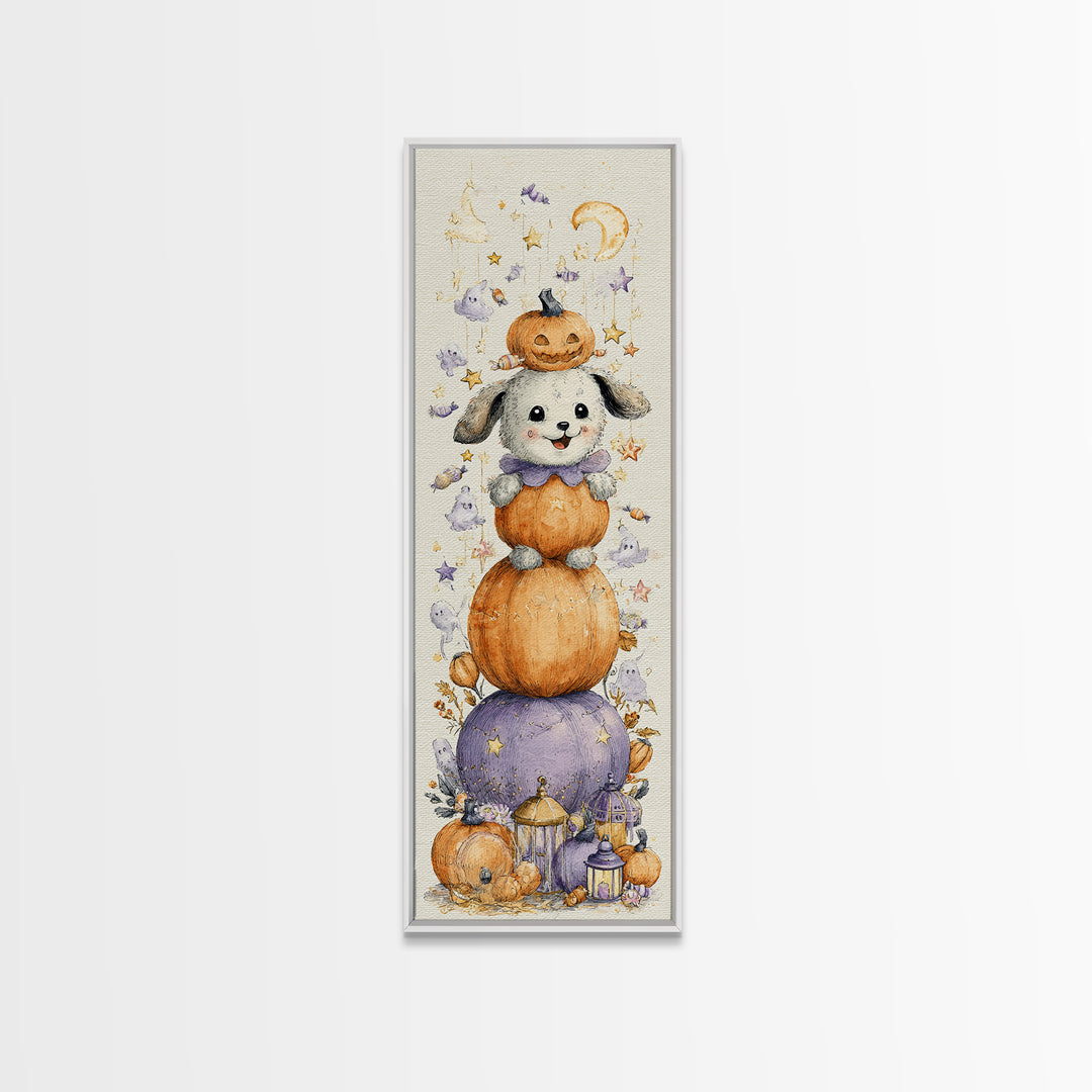 The Pumpkin Puppy, Watercolor Halloween Art, Tall Narrow Wall Art, Framed Canvas Print, Cute Halloween Wall Art