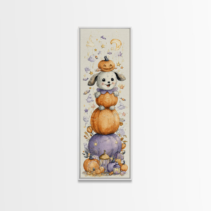The Pumpkin Puppy, Watercolor Halloween Art, Tall Narrow Wall Art, Framed Canvas Print, Cute Halloween Wall Art