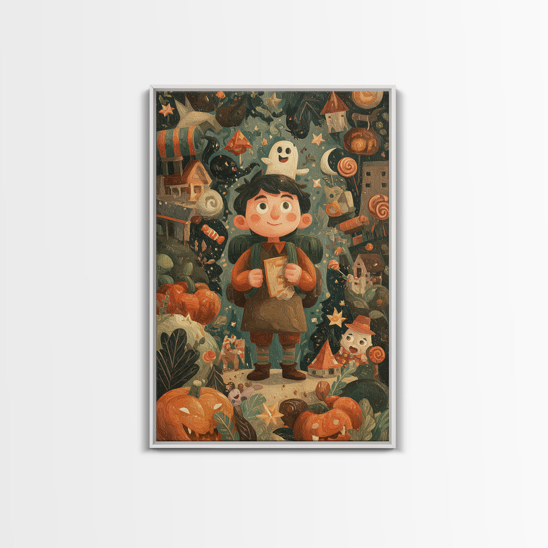 The Candy Map Adventurers, Gouache Halloween Art, Vertical Wall Art, Canvas Print, Cute Halloween Wall Art