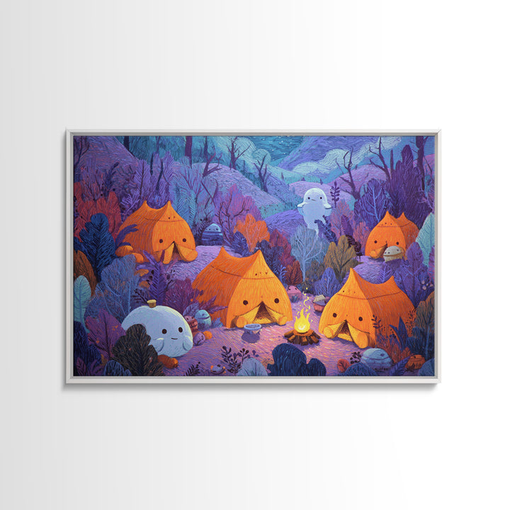 The Pumpkin Campout, Crayon Halloween Art, Landscape Wall Art, Framed Canvas Print, Cute Halloween Wall Art
