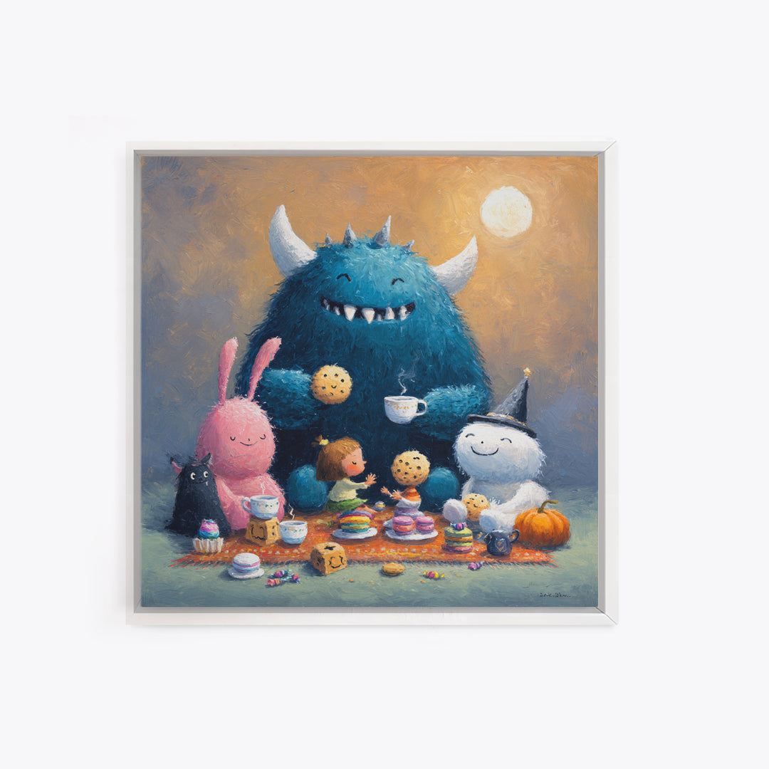 The Monster Under The Bed Tea Party, Pastel Halloween Art, Square Wall Art, Canvas Print, Cute Halloween Wall Art