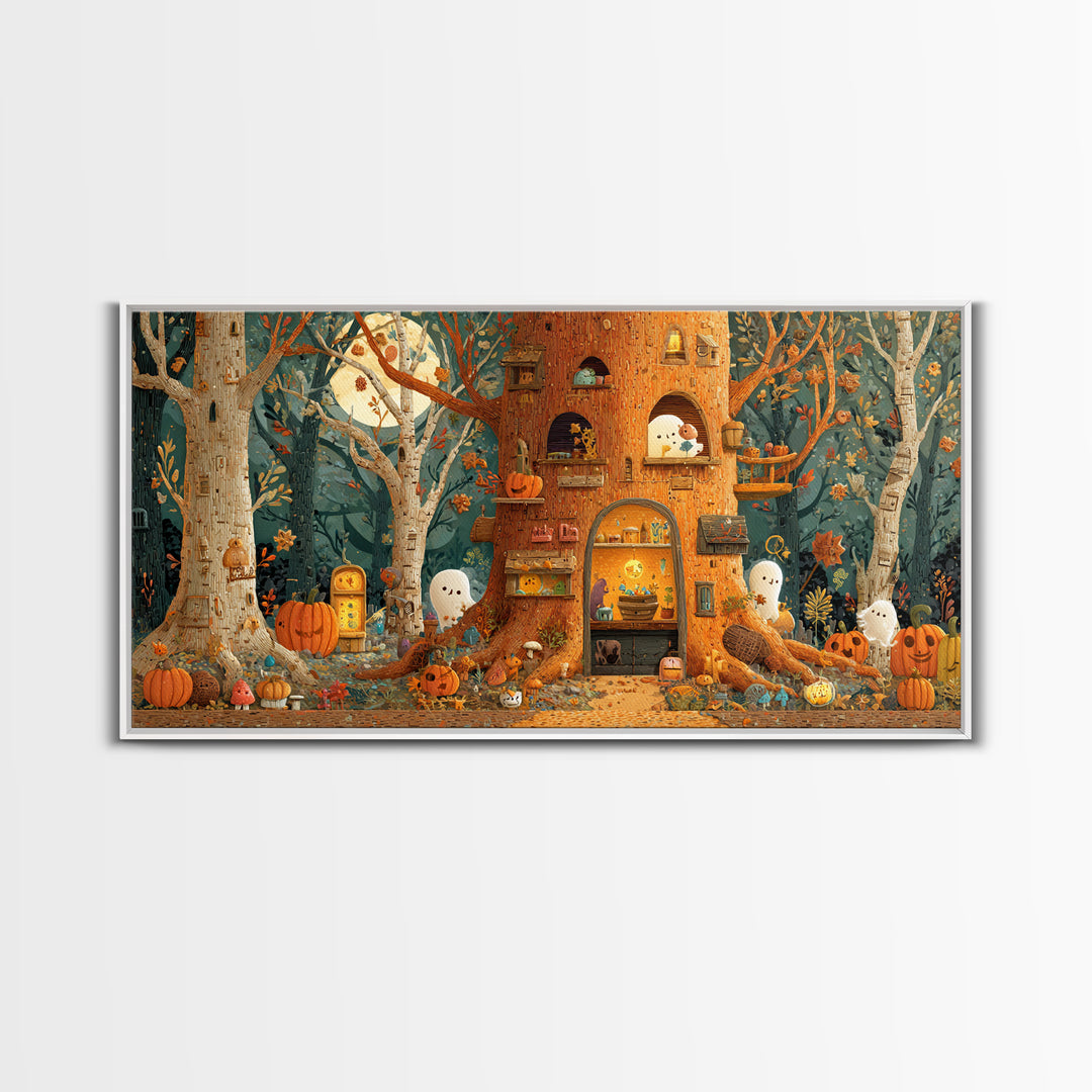 The Cozy Hollow Tree, Paper Collage Halloween, Wide Panoramic Art, Framed Canvas Print, Cute Halloween Wall Art