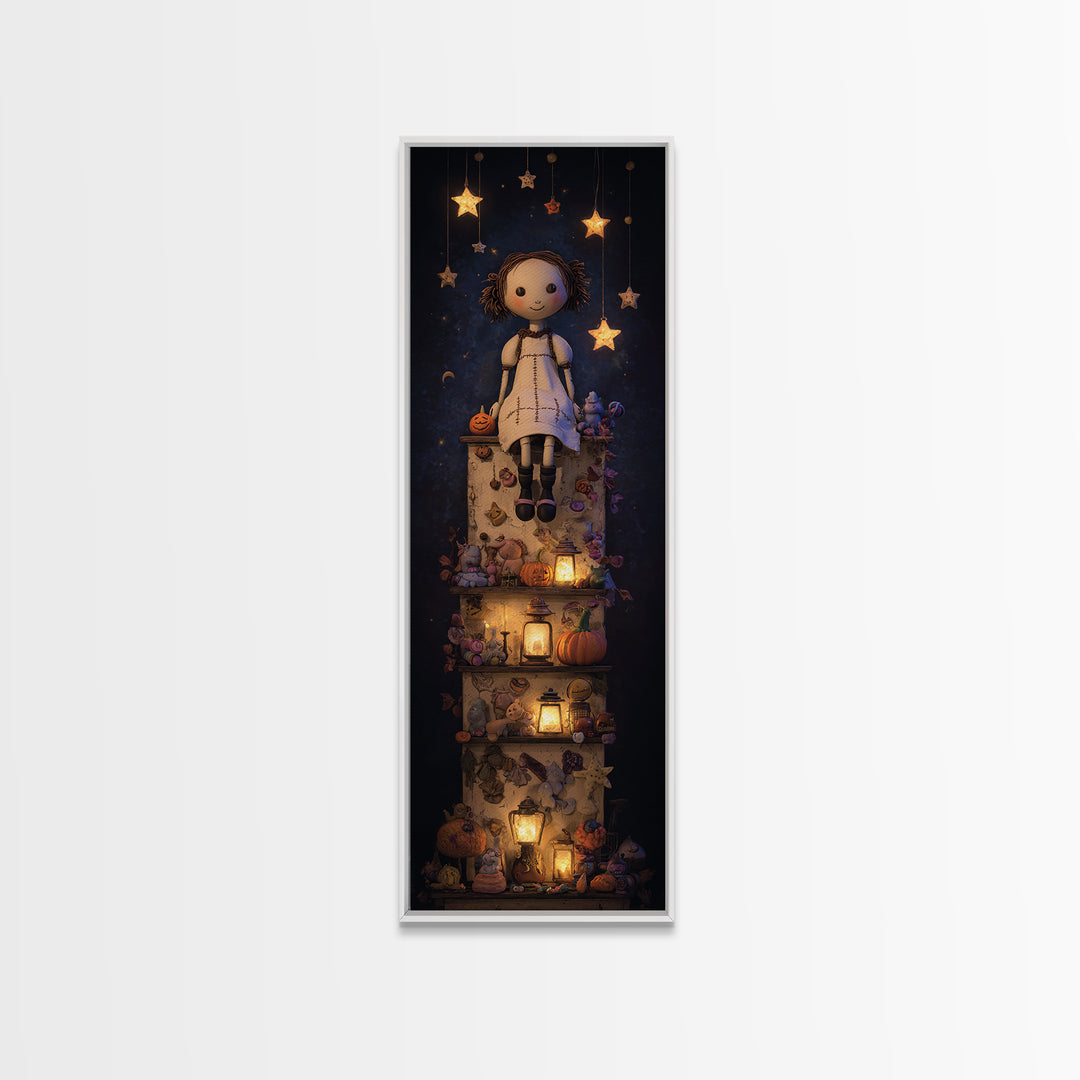 The Doll From Beyond The Void, Clay Halloween Art, Tall Narrow Wall Art, Framed Canvas Print, Cute Halloween Wall Art