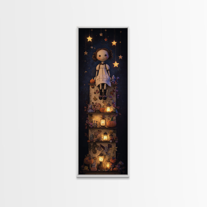 The Doll From Beyond The Void, Clay Halloween Art, Tall Narrow Wall Art, Framed Canvas Print, Cute Halloween Wall Art