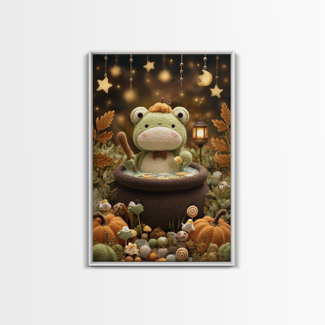 The Cauldron Frog, Plush Halloween Art, Vertical Wall Art, Canvas Print, Cute Halloween Wall Art, Whimsical Nursery Decor