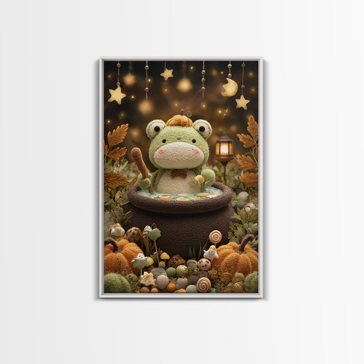 The Cauldron Frog, Plush Halloween Art, Vertical Wall Art, Canvas Print, Cute Halloween Wall Art, Whimsical Nursery Decor