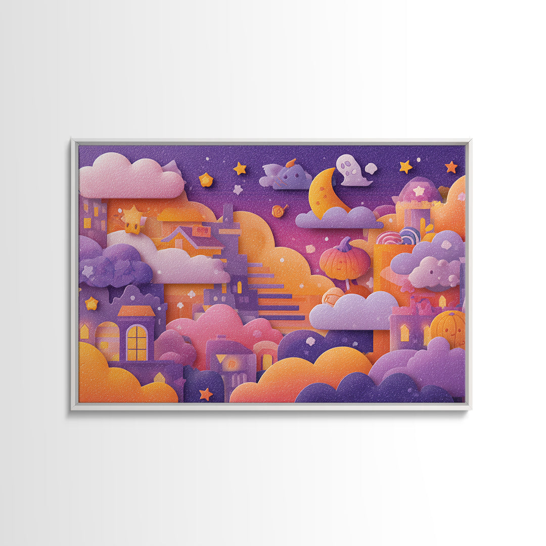 The Halloween Cloud Kingdom, Kawaii Halloween Art, Landscape Wall Art, Framed Canvas Print, Cute Halloween Wall Art