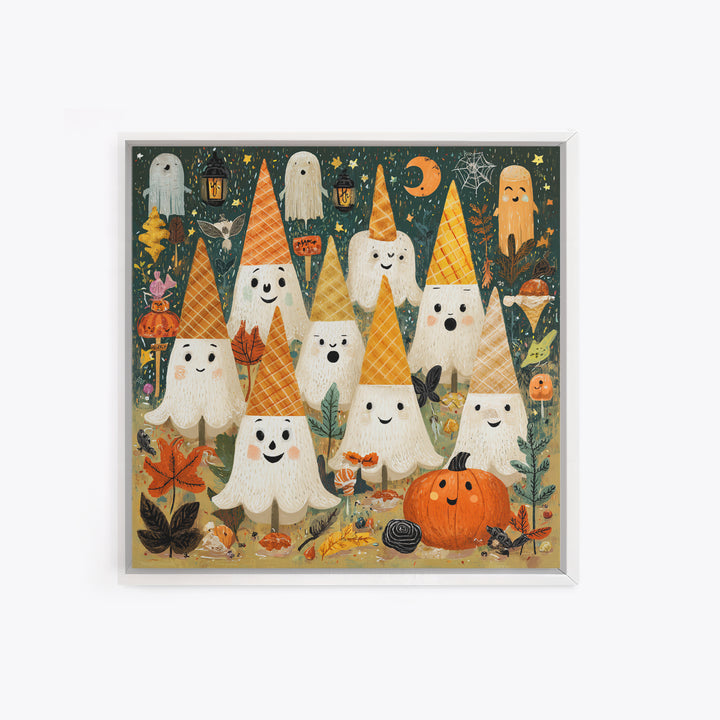 The Ice-Cream Ghost Parade, Retro Halloween Art, Square Wall Art, Canvas Print, Cute Halloween Wall Art