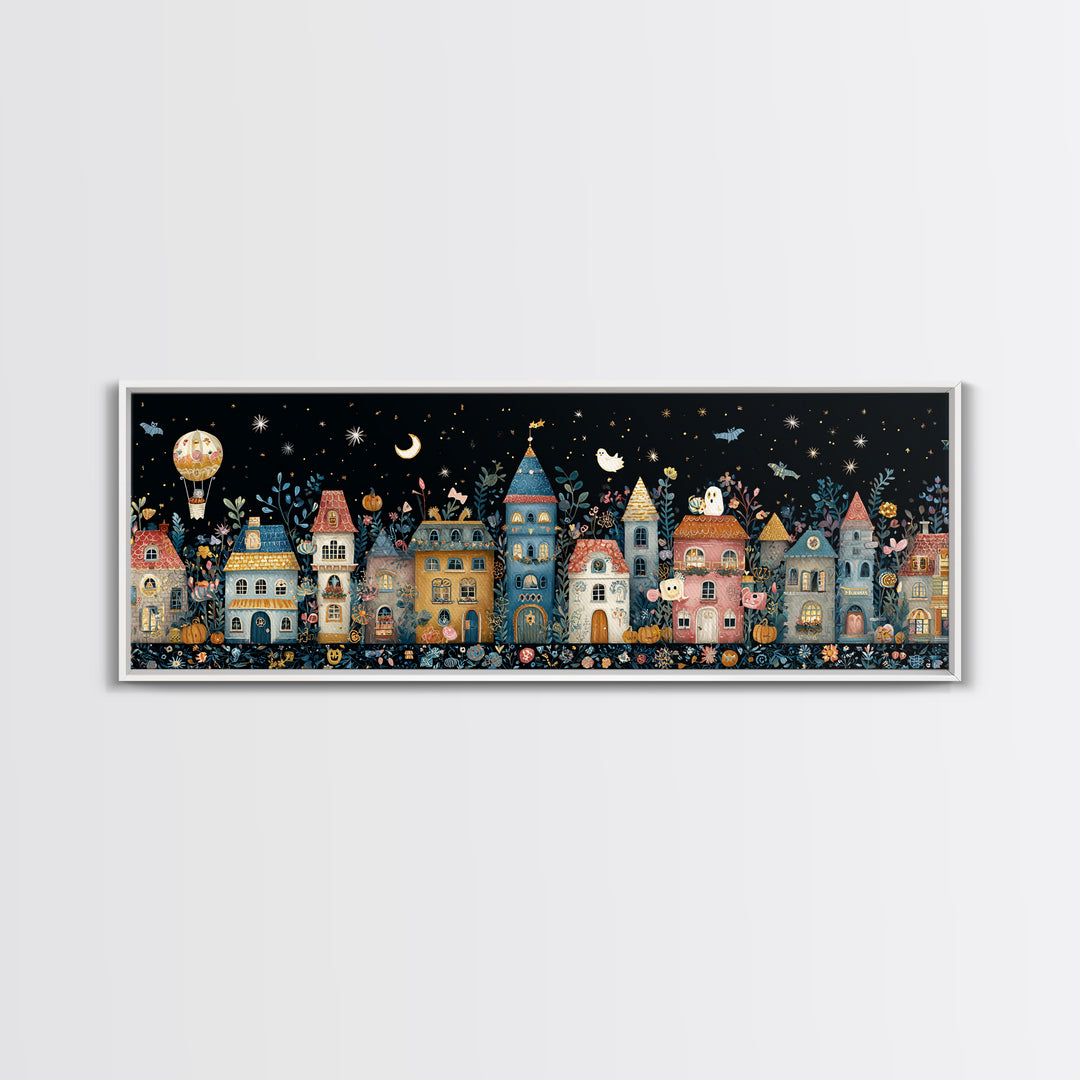 The Ghost Balloon City, Folk Halloween Art, Extra Wide Wall Art, Canvas Print, Cute Halloween Wall Art