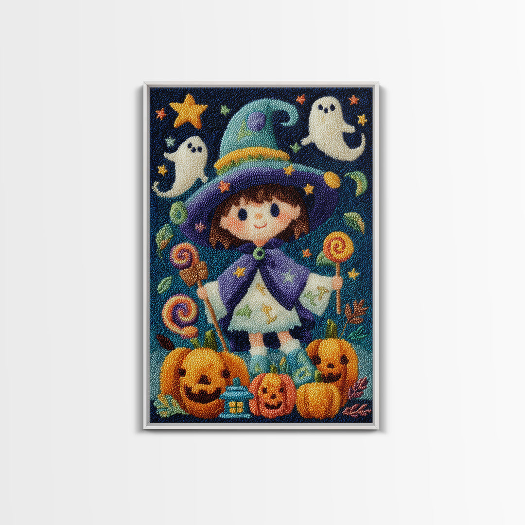 The Star-Cape Magician, Embroidered Halloween Art, Vertical Wall Art, Canvas Print, Cute Halloween Wall Art