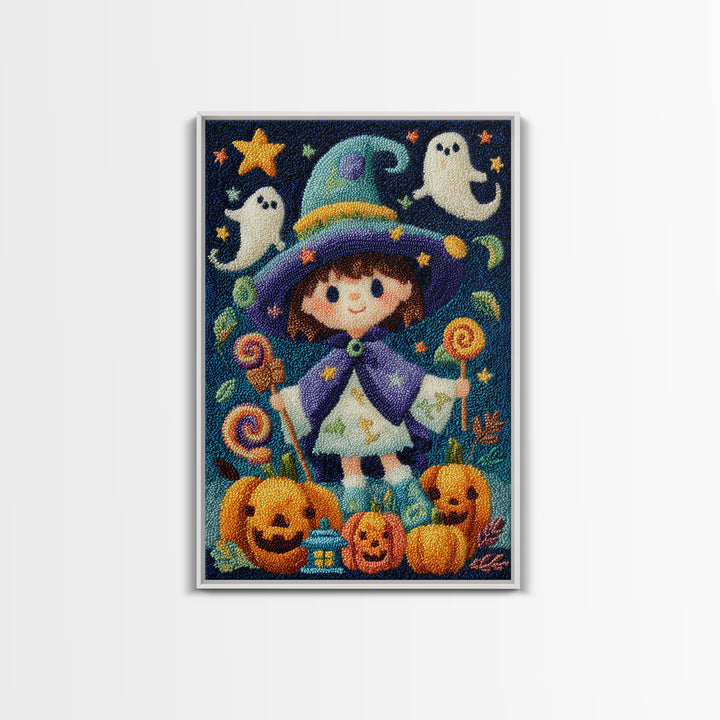 The Star-Cape Magician, Embroidered Halloween Art, Vertical Wall Art, Canvas Print, Cute Halloween Wall Art