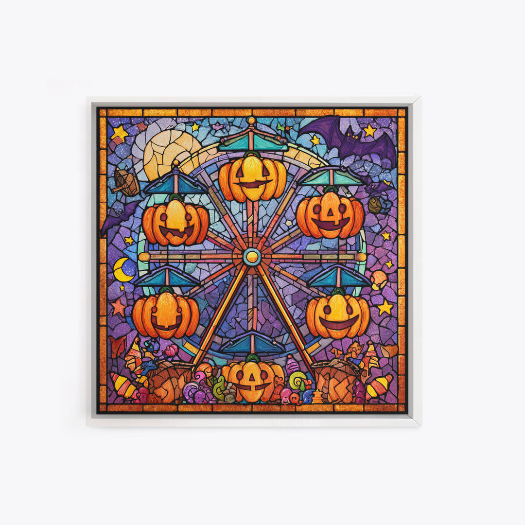 The Pumpkin Ferris Wheel, Stained Glass Halloween, Square Wall Art, Canvas Print, Cute Halloween Wall Art