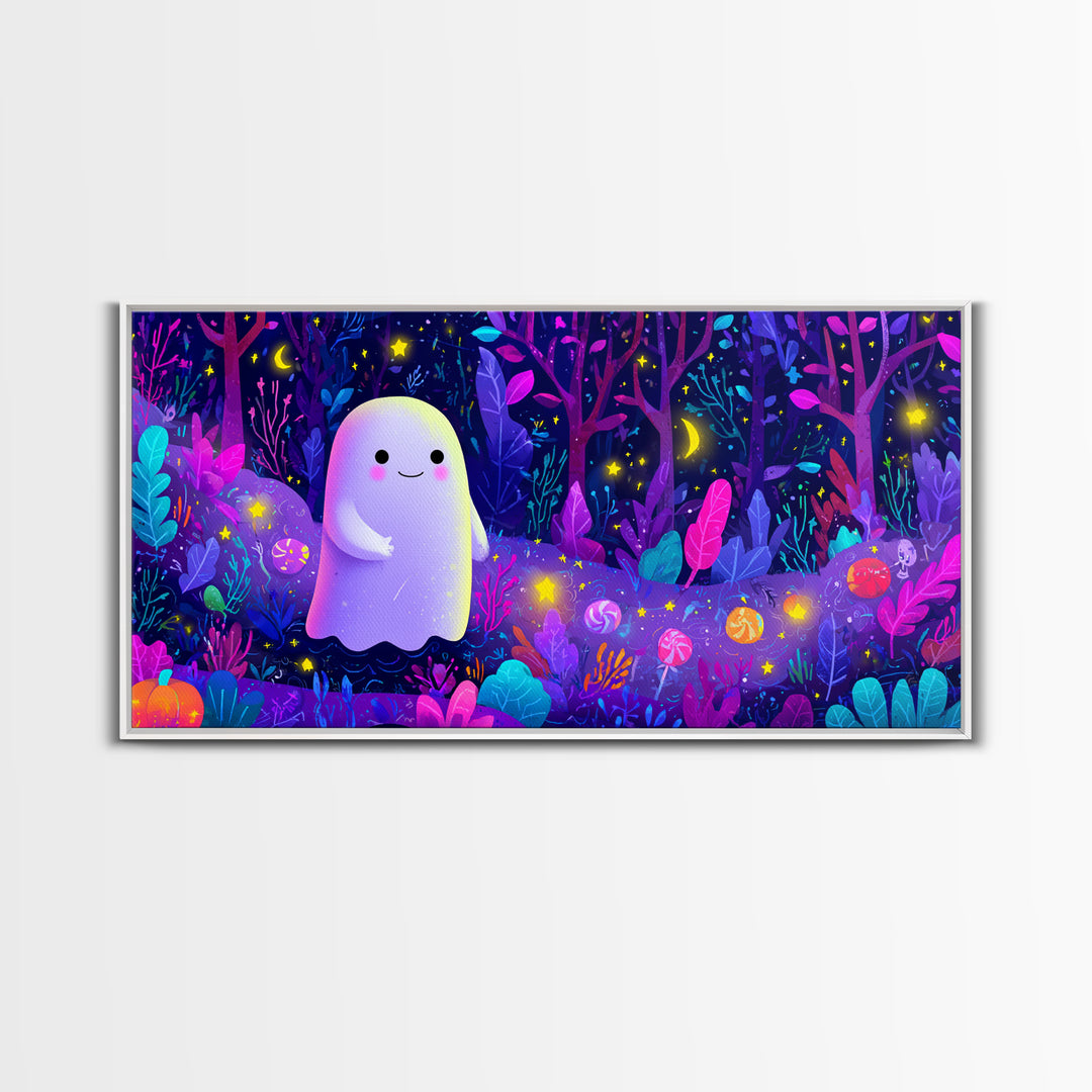 The Ghost And Firefly Friends, Vaporwave Halloween Art, Wide Panoramic Art, Framed Canvas Print, Cute Halloween Wall Art