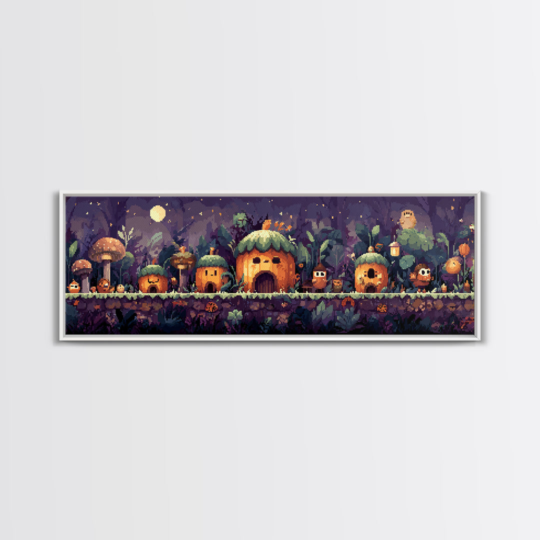 The Moonlit Acorn Village, Pixel Halloween Art, Extra Wide Wall Art, Canvas Print, Cute Halloween Wall Art