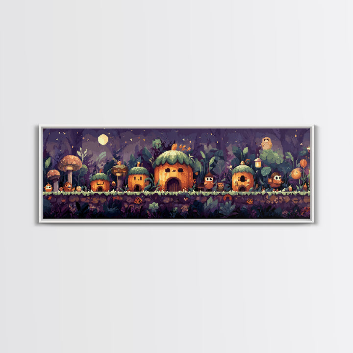 The Moonlit Acorn Village, Pixel Halloween Art, Extra Wide Wall Art, Canvas Print, Cute Halloween Wall Art
