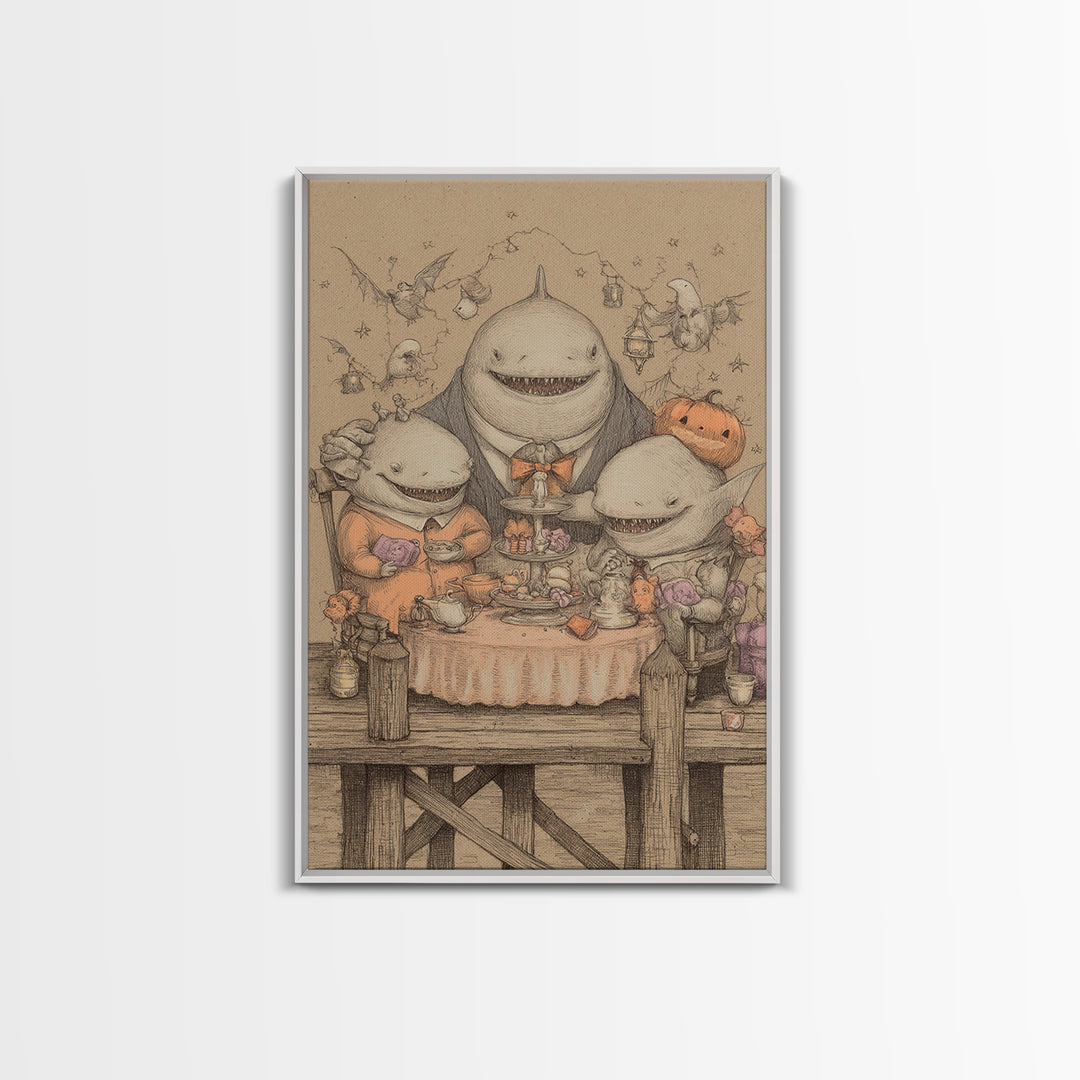 The Tea Party At Innsmouth Pier, Hand Sketch Halloween Art, Vertical Wall Art, Canvas Print, Cute Halloween Wall Art