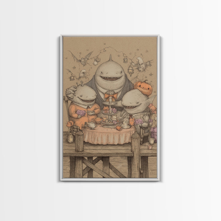 The Tea Party At Innsmouth Pier, Hand Sketch Halloween Art, Vertical Wall Art, Canvas Print, Cute Halloween Wall Art
