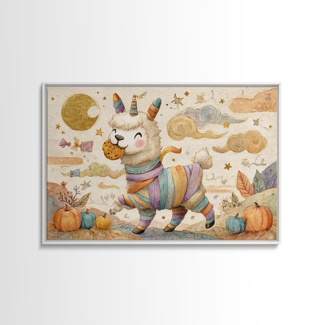 The Llama Mummy, Watercolor Halloween Art, Landscape Wall Art, Framed Canvas Print, Cute Halloween Wall Art
