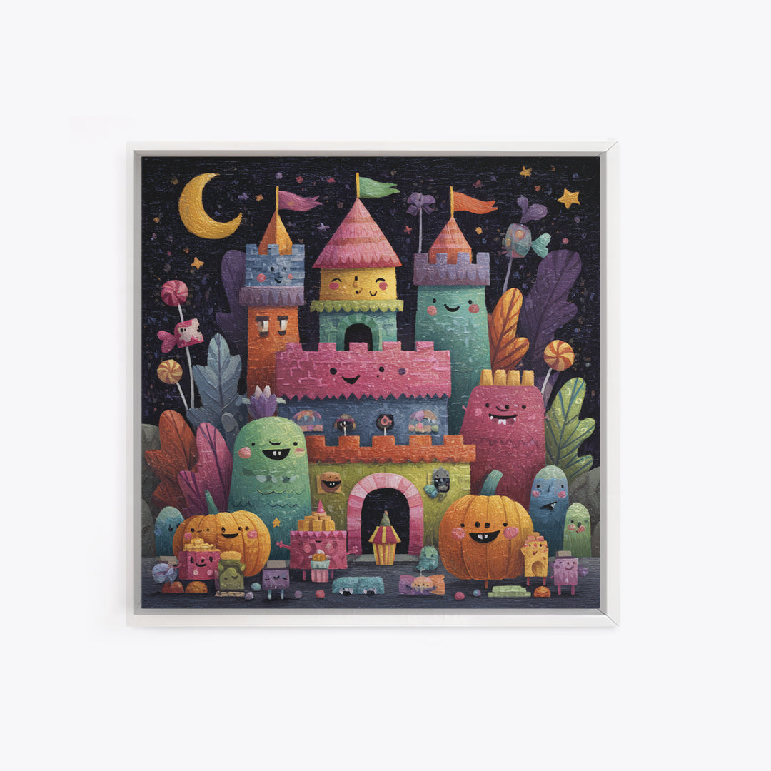 The Candy Castle, Gouache Halloween Art, Square Wall Art, Canvas Print, Cute Halloween Wall Art, Halloween Kids Decor, Storybook Decor