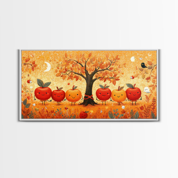 The Caramel Apple Friends, Crayon Halloween Art, Wide Panoramic Art, Framed Canvas Print, Cute Halloween Wall Art