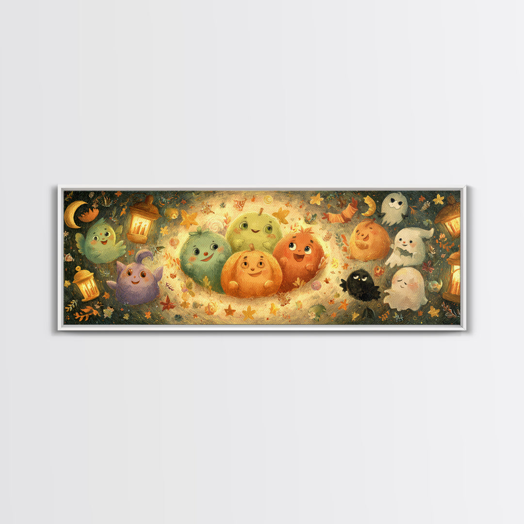 The Halloween Story Circle, Pastel Halloween Art, Extra Wide Wall Art, Canvas Print, Cute Halloween Wall Art