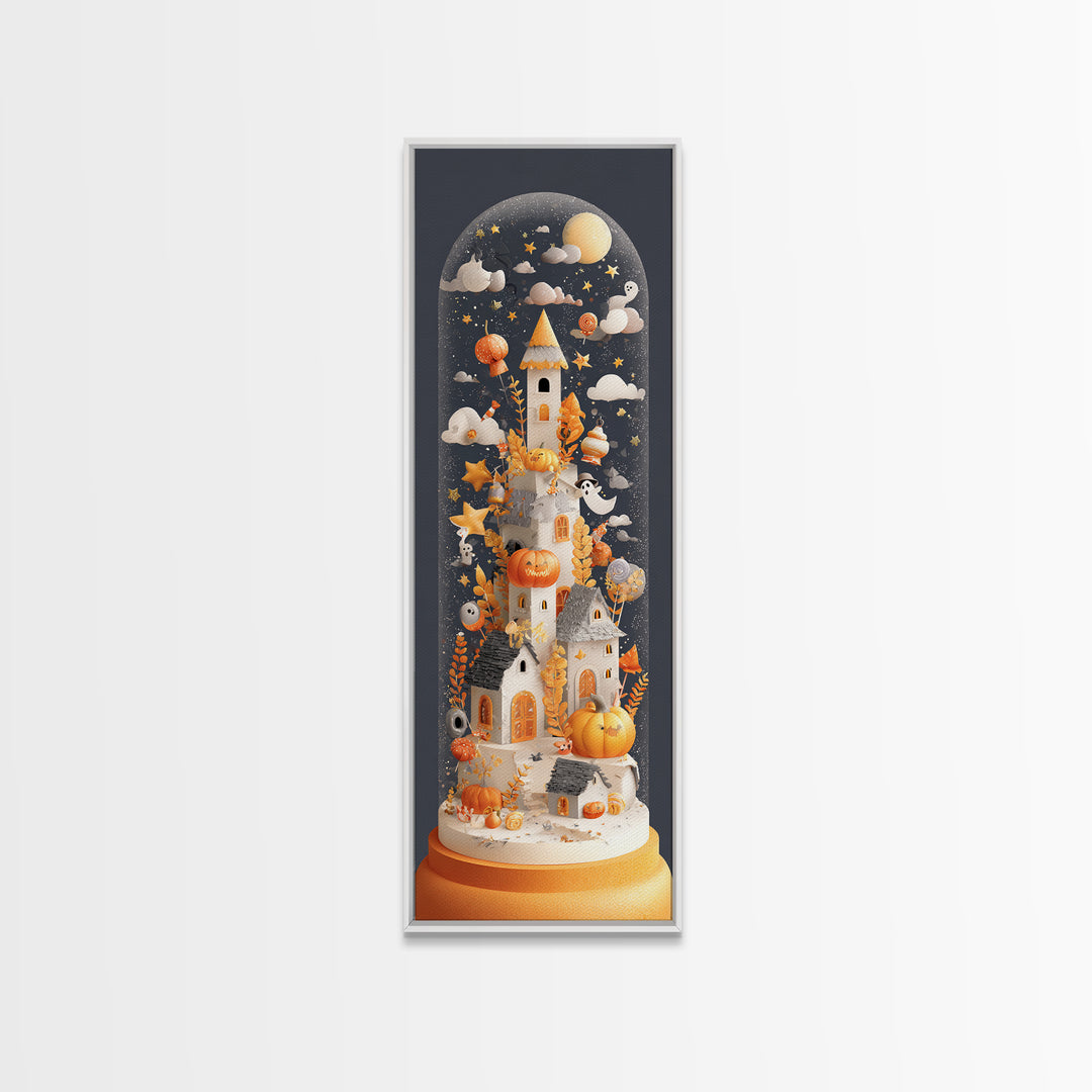 Halloween Inside A Snow Globe, Paper Collage Halloween, Tall Narrow Wall Art, Framed Canvas Print, Cute Halloween Wall Art