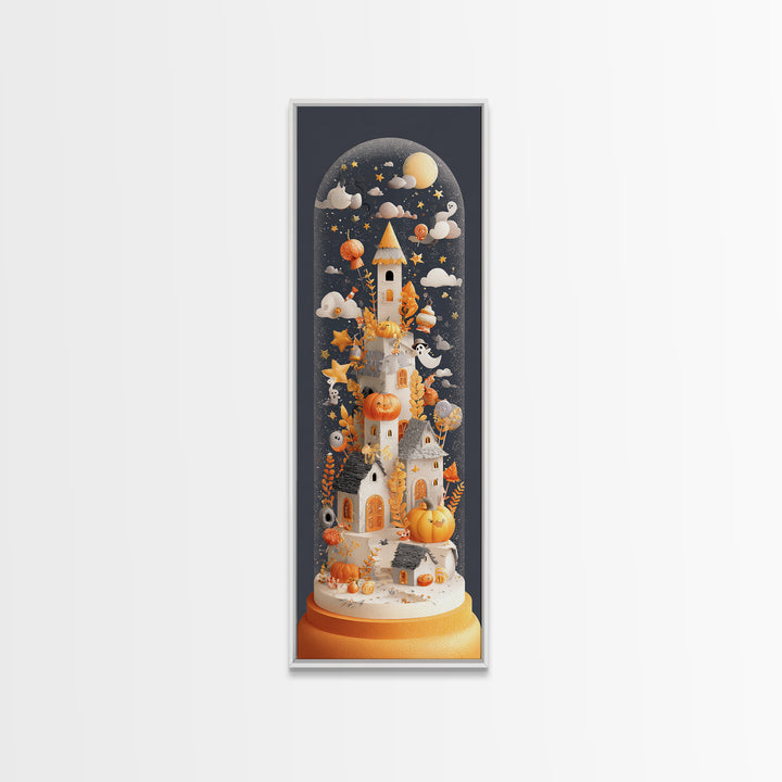 Halloween Inside A Snow Globe, Paper Collage Halloween, Tall Narrow Wall Art, Framed Canvas Print, Cute Halloween Wall Art