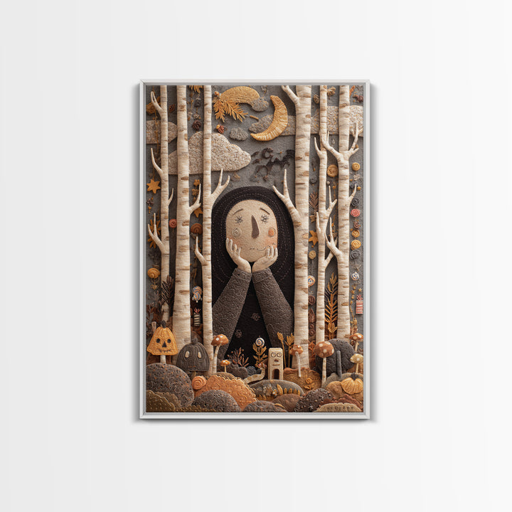 The Sleeper In The Birch Grove, Felt Halloween Art, Vertical Wall Art, Canvas Print, Cute Halloween Wall Art