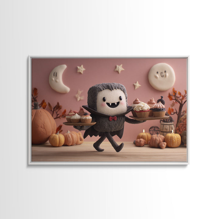 The Cupcake Vampire, Clay Halloween Art, Landscape Wall Art, Framed Canvas Print, Cute Halloween Wall Art