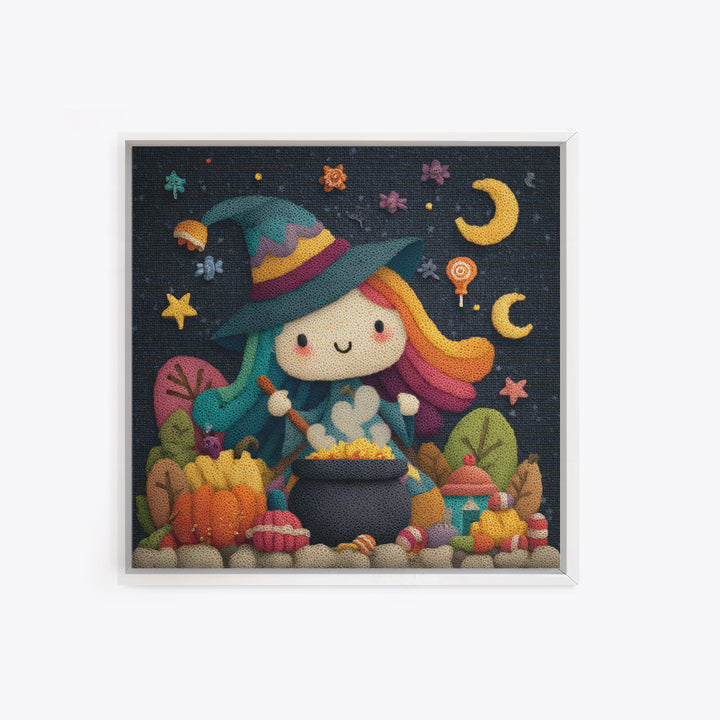 The Rainbow-Cauldron Witch, Plush Halloween Art, Square Wall Art, Canvas Print, Cute Halloween Wall Art