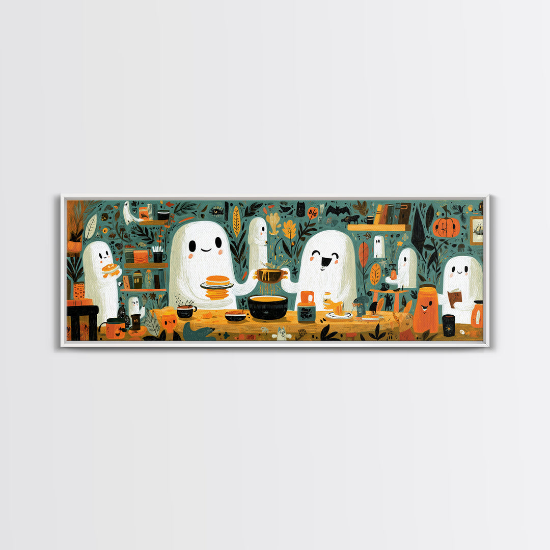 The Ghost Family Breakfast, Retro Halloween Art, Extra Wide Wall Art, Canvas Print, Cute Halloween Wall Art